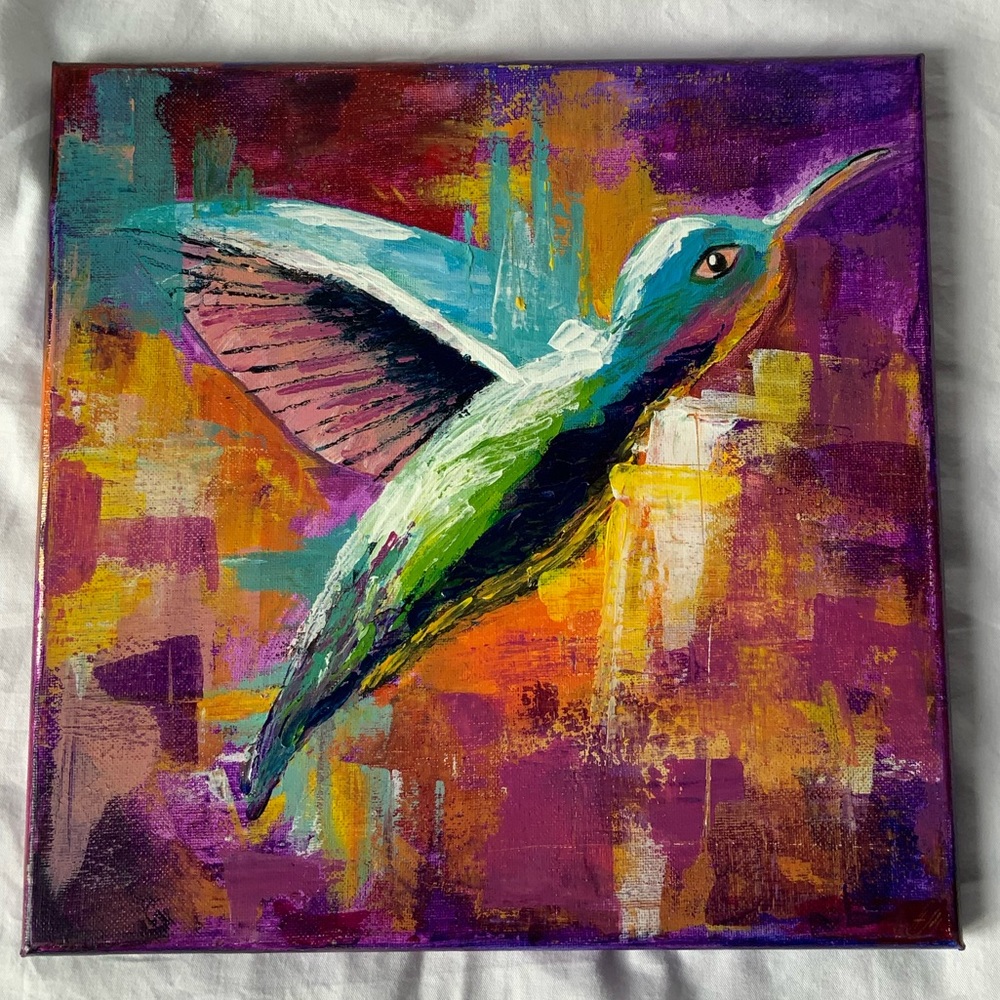🌙 New Original Acrylic Painting Hummingbird Palette Knife Wall Art Bright 12x12
